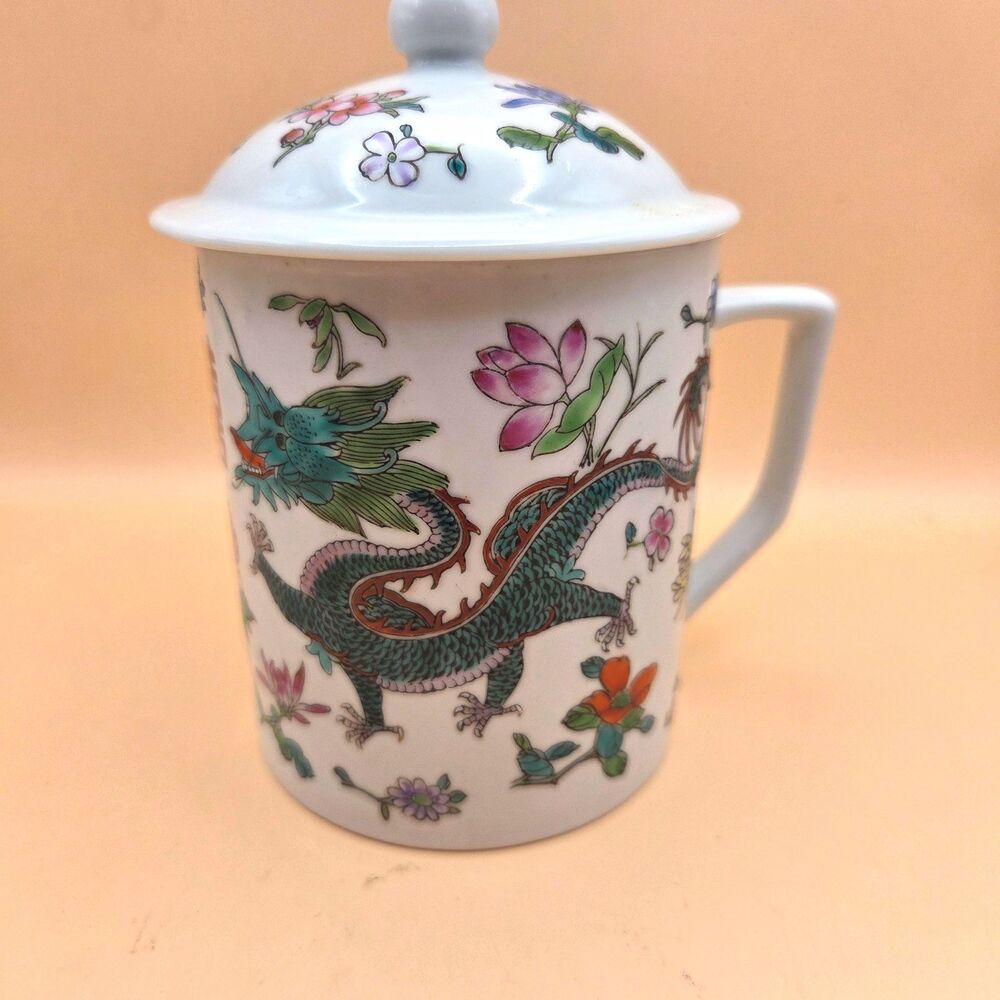 VTG Jingdezhen Chinese Porcelain Lidded Mug Dragon Phoenix Floral Double